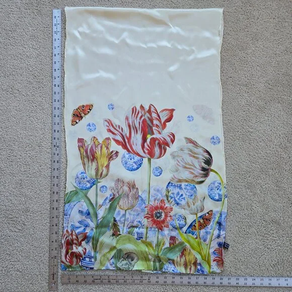 Silk Scarf Hand-Rolled Tulips Netherlands Oblong Madame Blue Floral - Picture 2 of 12